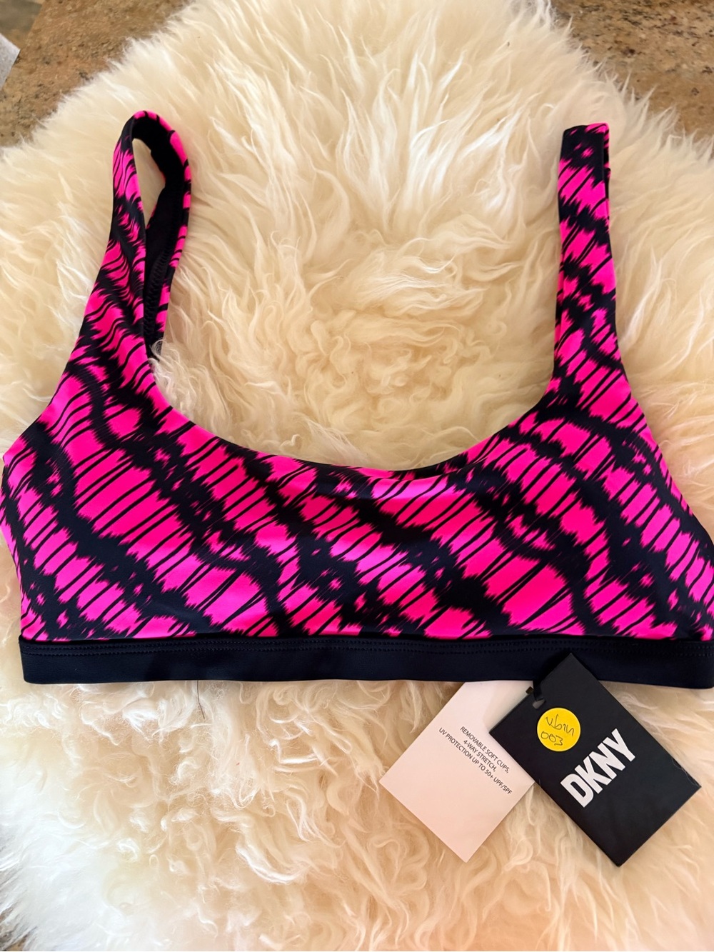 DKNY Neon Pink and Black Abstract-Pattern Sports Bra